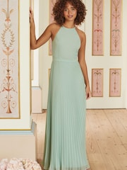 Love & Roses Green Sage Pleated Lace Insert Bridesmaid Maxi Dress - Image 1 of 4