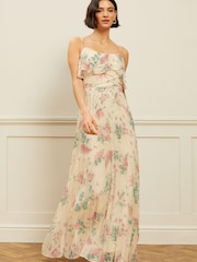 Love & Roses Ivory Floral Cami Frill Pleated Maxi Dress - Image 1 of 4