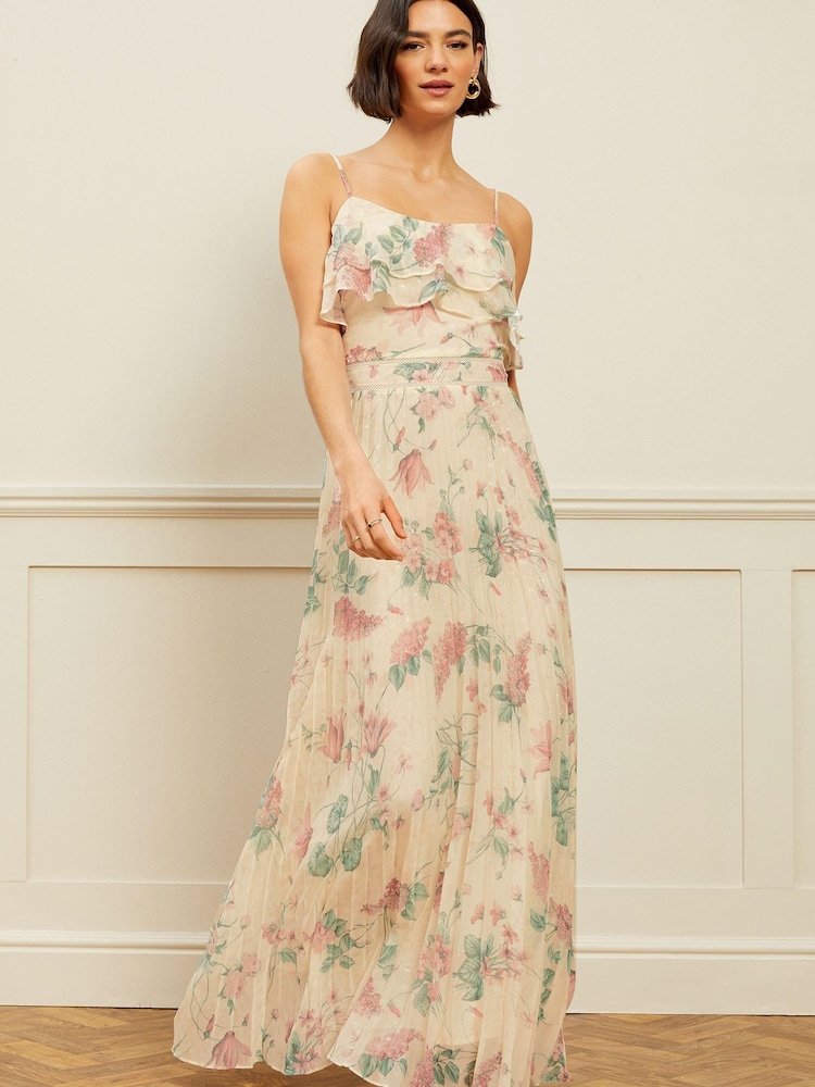 Love & Roses Ivory Floral Cami Frill Pleated Maxi Dress - Image 1 of 4