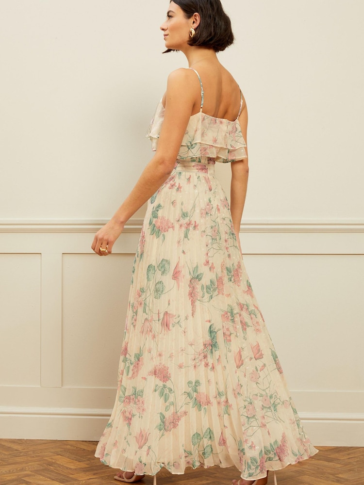 Love & Roses Ivory Floral Cami Frill Pleated Maxi Dress - Image 2 of 4