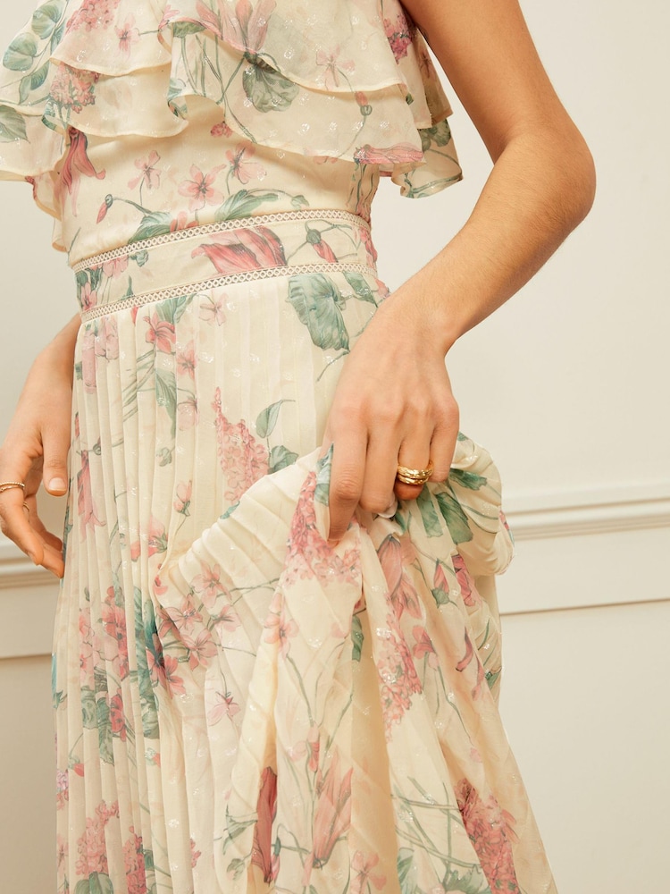 Love & Roses Ivory Floral Cami Frill Pleated Maxi Dress - Image 4 of 4