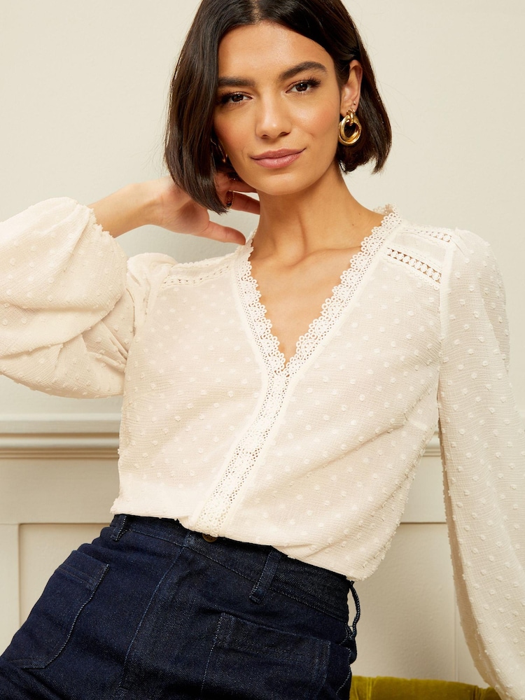 Love & Roses Ivory V Neck Lace Long Sleeve Lace Trim Dobby Spot Blouse - Image 1 of 4 Love & Roses Ivory V Neck Lace Long Sleeve Lace Trim Dobby Spot Blouse - Image 1 of 4