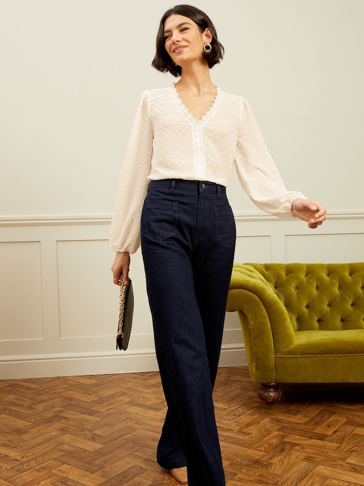 Love & Roses Ivory V Neck Lace Long Sleeve Lace Trim Dobby Spot Blouse - Image 4 of 4 Love & Roses Ivory V Neck Lace Long Sleeve Lace Trim Dobby Spot Blouse - Image 4 of 4