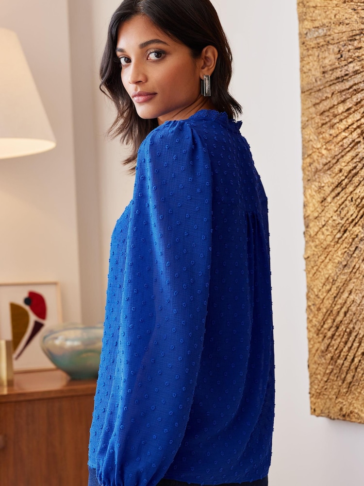 Love & Roses Cobalt Blue V Neck Lace Long Sleeve Lace Trim Dobby Spot Blouse - Image 2 of 4 Love & Roses Cobalt Blue V Neck Lace Long Sleeve Lace Trim Dobby Spot Blouse - Image 2 of 4