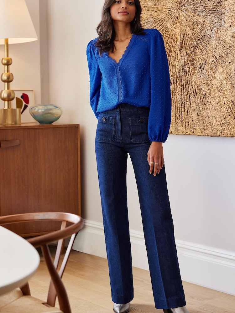 Love & Roses Cobalt Blue V Neck Lace Long Sleeve Lace Trim Dobby Spot Blouse - Image 3 of 4
