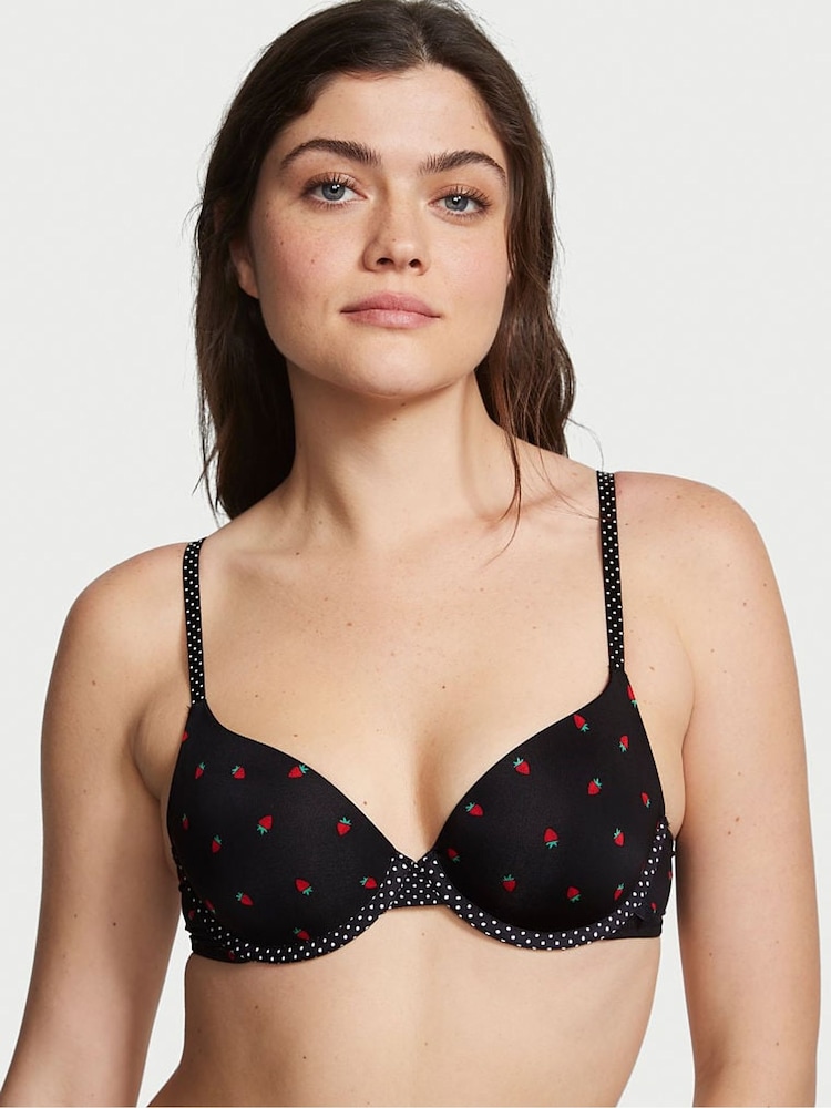 Victoria's Secret Black Strawberry Print Lightly Lined TShirt Demi Bra - Image 1 of 3
