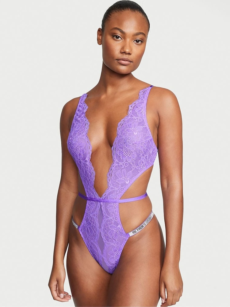Victoria's Secret Luscious Lavender Purple Shine Strap Lace Crotchless Bodysuit - Image 1 of 4