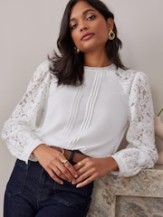 Love & Roses Ivory Tie Back Long Sleeve Lace Blouse - Image 1 of 4