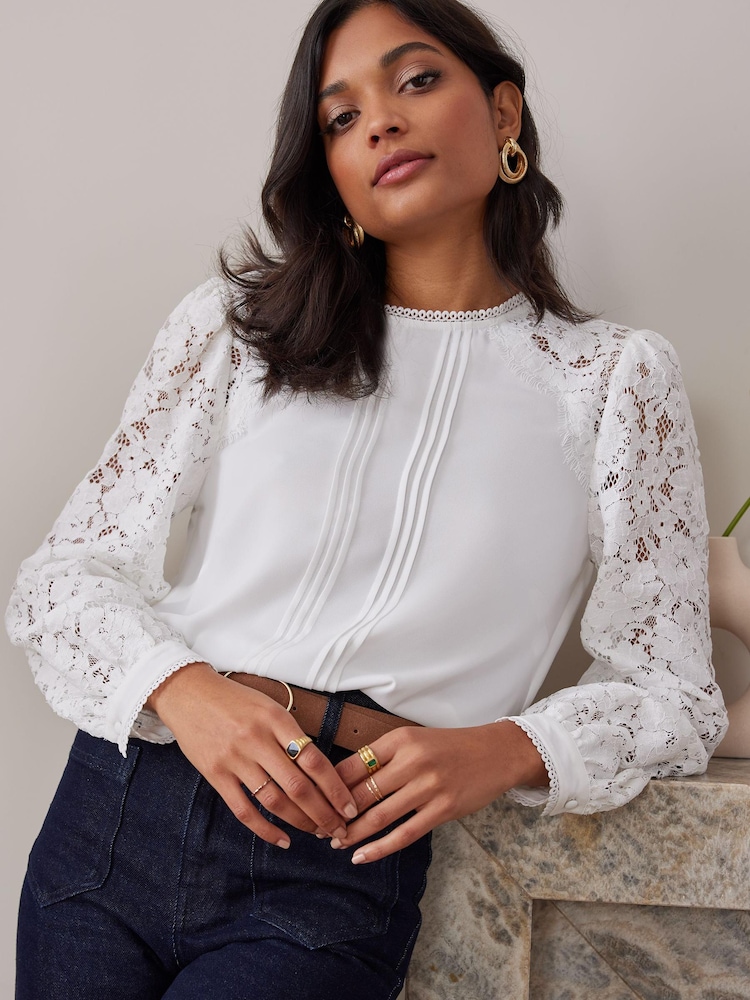 Love & Roses Ivory Tie Back Long Sleeve Lace Blouse - Image 1 of 4