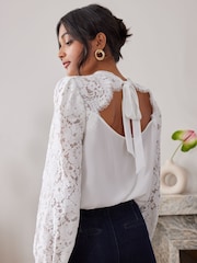 Love & Roses Ivory Tie Back Long Sleeve Lace Blouse - Image 2 of 4