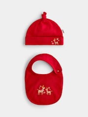 JoJo Maman Bébé Red Reindeer 2-Pack Hat & Bib Set - Image 1 of 7