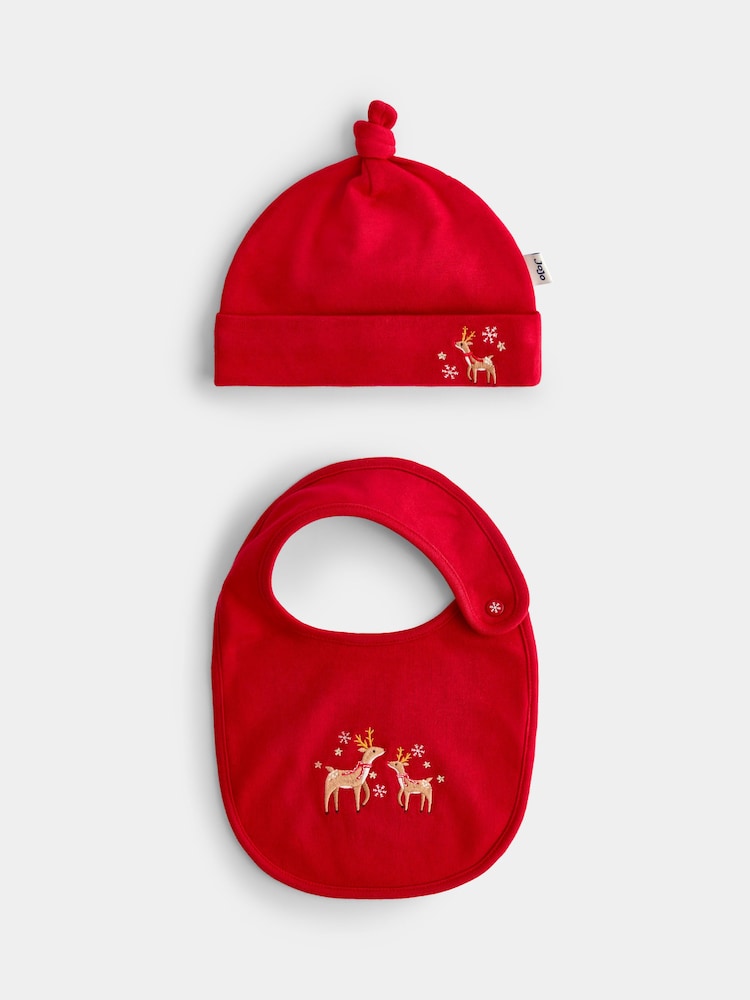 JoJo Maman Bébé Red Reindeer 2-Pack Hat & Bib Set - Image 1 of 7 JoJo Maman Bébé Red Reindeer 2-Pack Hat & Bib Set - Image 1 of 7