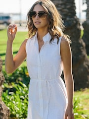 Lipsy White Broderie Sleeveless Tie Waist Mini Holiday Shop Shirt Dress - Image 1 of 1