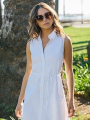 Lipsy White Broderie Sleeveless Tie Waist Mini Holiday Shop Shirt Dress - Image 3 of 4