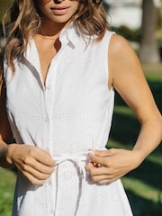 Lipsy White Broderie Sleeveless Tie Waist Mini Holiday Shop Shirt Dress - Image 4 of 4