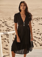 Lipsy Black Broderie V Neck Puff Sleeve Midi Summer Holiday Shop Dress - Image 1 of 4