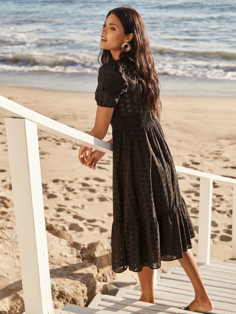 Lipsy Black Broderie V Neck Puff Sleeve Midi Summer Holiday Shop Dress - Image 2 of 4