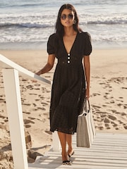 Lipsy Black Broderie V Neck Puff Sleeve Midi Summer Holiday Shop Dress - Image 3 of 4
