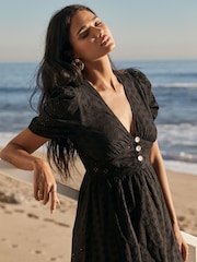 Lipsy Black Broderie V Neck Puff Sleeve Midi Summer Holiday Shop Dress - Image 4 of 4