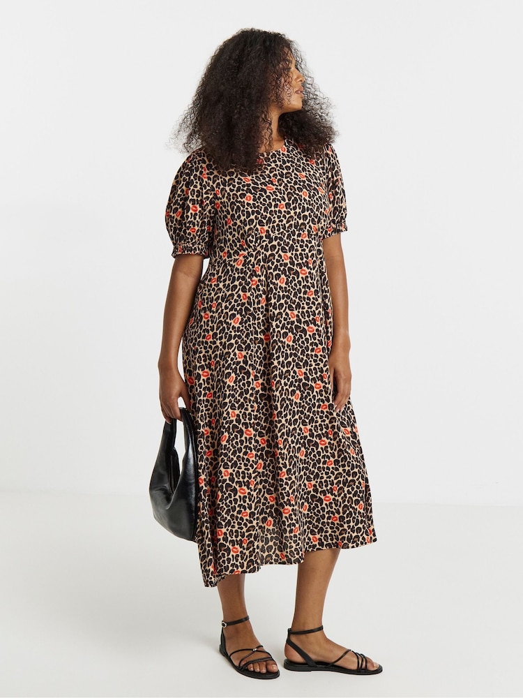 Simply Be Animal Spun Viscose Midi Dress - Image 1 of 4 Simply Be Animal Spun Viscose Midi Dress - Image 1 of 4