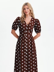 Finery Brown Polka Dot Addison Cotton Midi Dress - Image 4 of 5