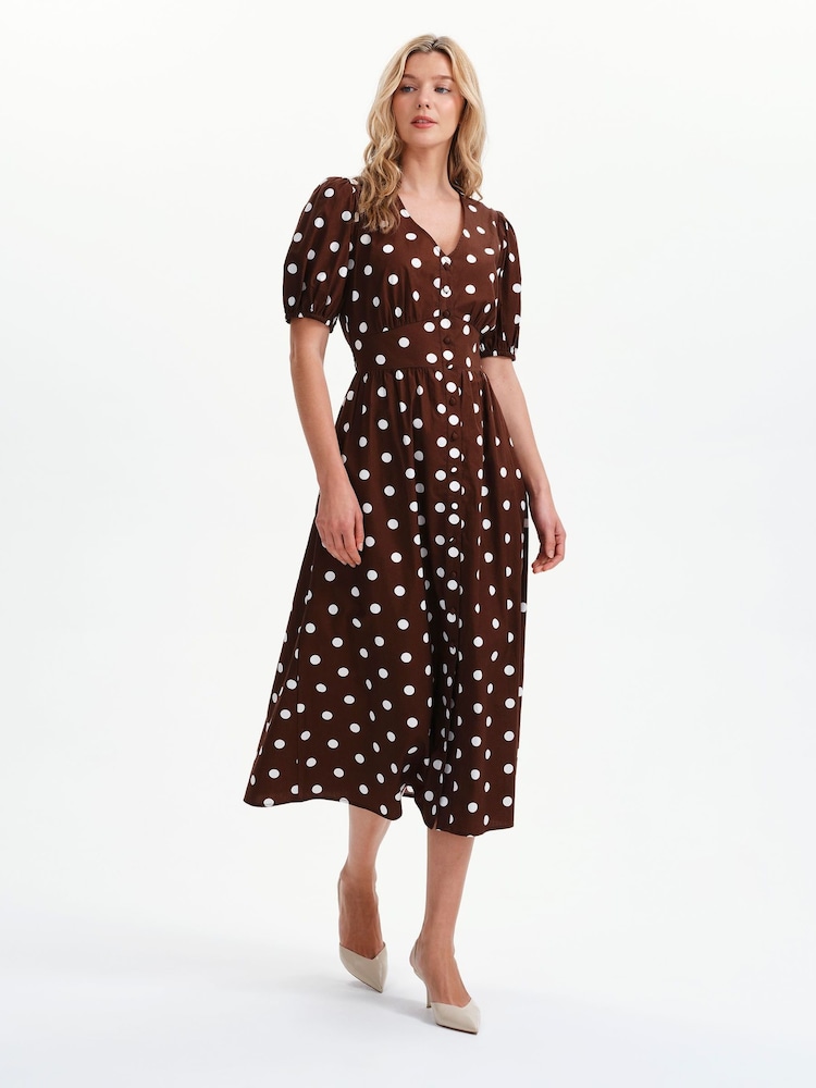 Finery Brown Polka Dot Addison Cotton Midi Dress - Image 5 of 5 Finery Brown Polka Dot Addison Cotton Midi Dress - Image 5 of 5