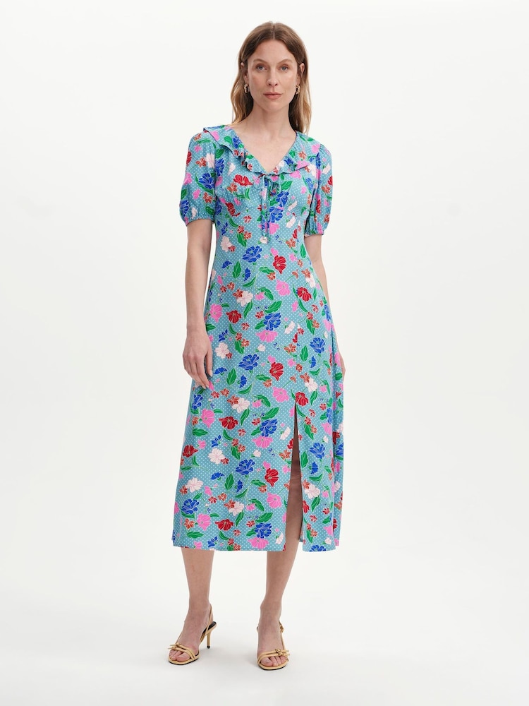 Finery Blue Zeffira Frill Neck Midi Dress - Image 1 of 5 Finery Blue Zeffira Frill Neck Midi Dress - Image 1 of 5