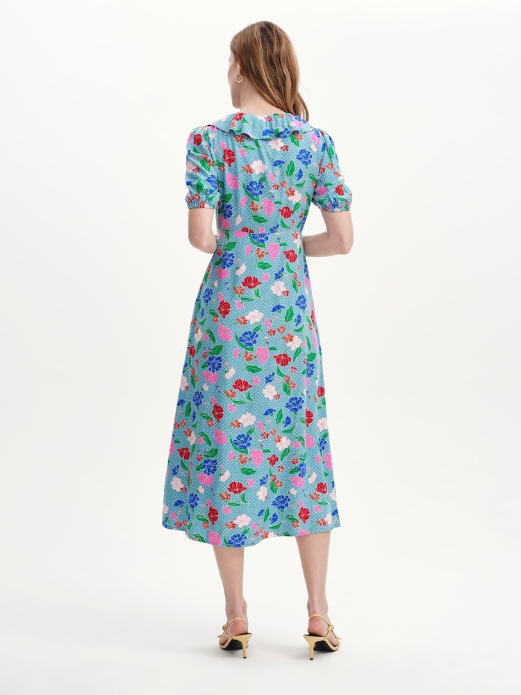 Finery Blue Zeffira Frill Neck Midi Dress - Image 2 of 5 Finery Blue Zeffira Frill Neck Midi Dress - Image 2 of 5