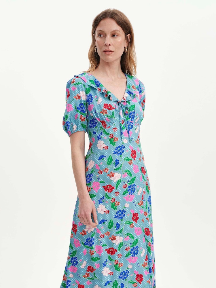 Finery Blue Zeffira Frill Neck Midi Dress - Image 5 of 5 Finery Blue Zeffira Frill Neck Midi Dress - Image 5 of 5