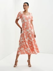 Finery Orange Teresa Floral Print Tiered Midi Dress - Image 3 of 5