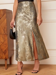 Love & Roses Gold Bias Cut Button Detail Midi Skirt - Image 1 of 4