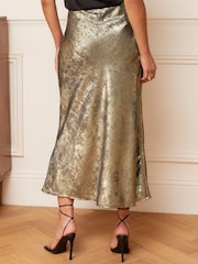 Love & Roses Gold Bias Cut Button Detail Midi Skirt - Image 2 of 4