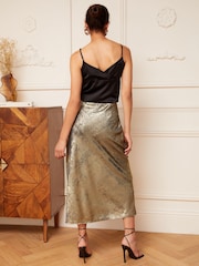 Love & Roses Gold Bias Cut Button Detail Midi Skirt - Image 3 of 4