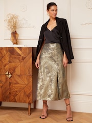 Love & Roses Gold Bias Cut Button Detail Midi Skirt - Image 4 of 4