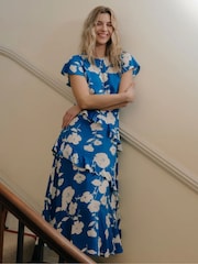Albastru - Finery Sierra Asymmetric Ruffle Midi Dress - Imaginea 4 din 6