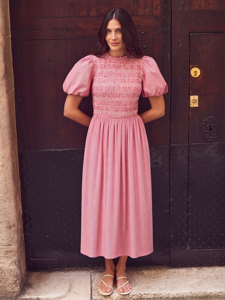 Ro&Zo Red Petite Stripe Cotton Shirred Bodice Dress - Image 1 of 6