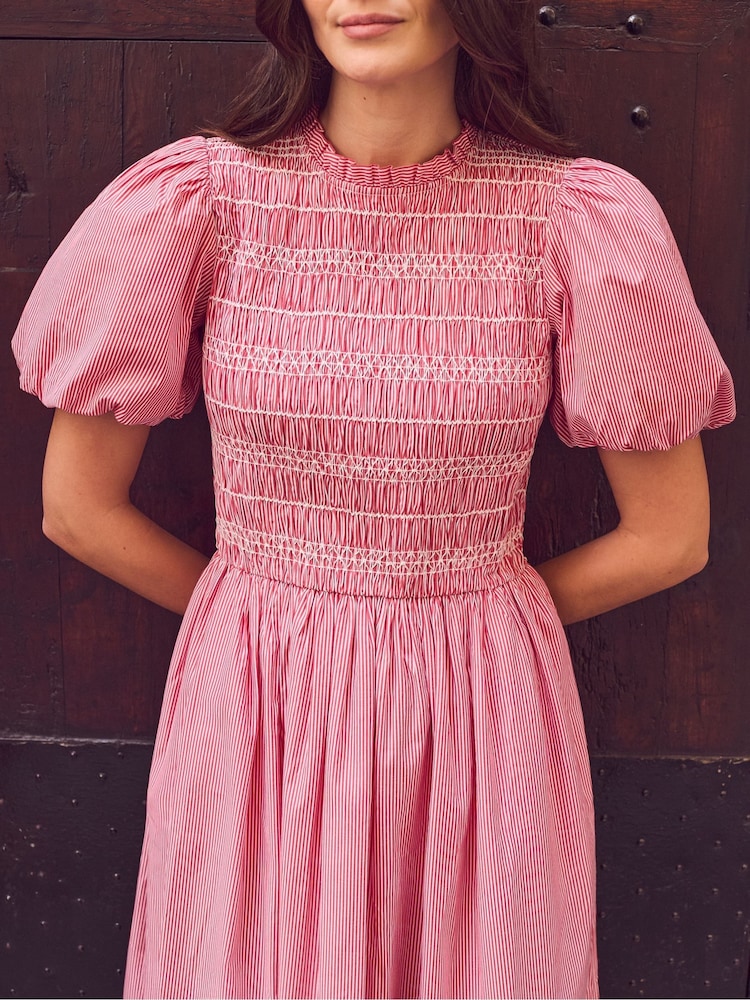 Ro&Zo Red Petite Stripe Cotton Shirred Bodice Dress - Image 6 of 6