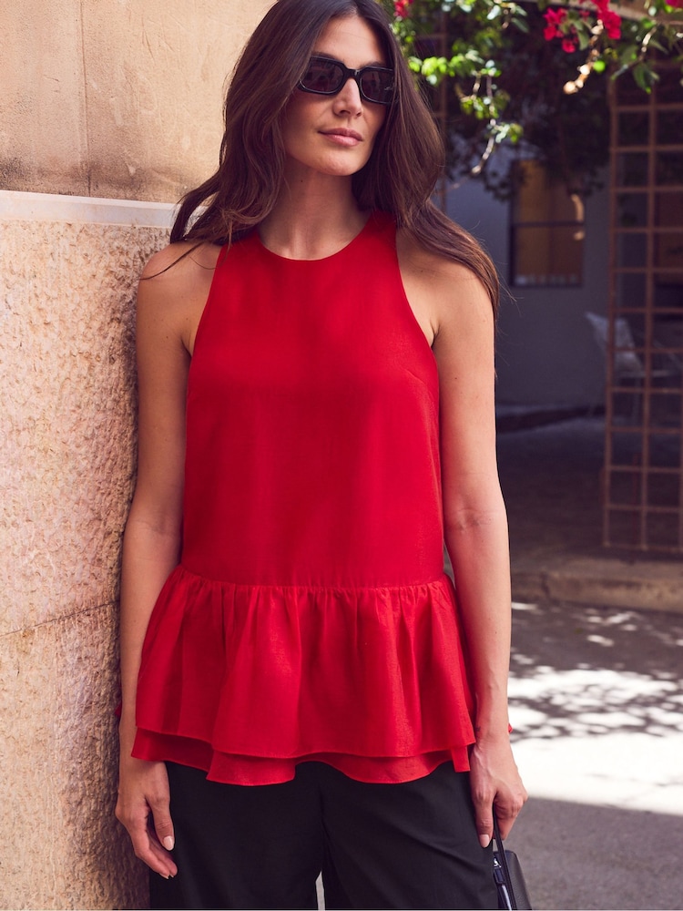Sarkans - Ro&Zo Sheer Drop Waist Peplum Top - Attēls 1 no 5