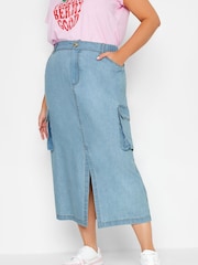 Yours Curve Blue Denim Tencel Cargo Maxi Skirt - Image 1 of 4