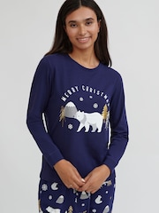 Society 8 Navy Forest Polarbear Matching Family Christmas Forest PJ Set - Image 4 of 5