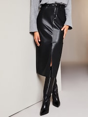 Lipsy Black Faux Leather Split Hem Midi Skirt - Image 1 of 4