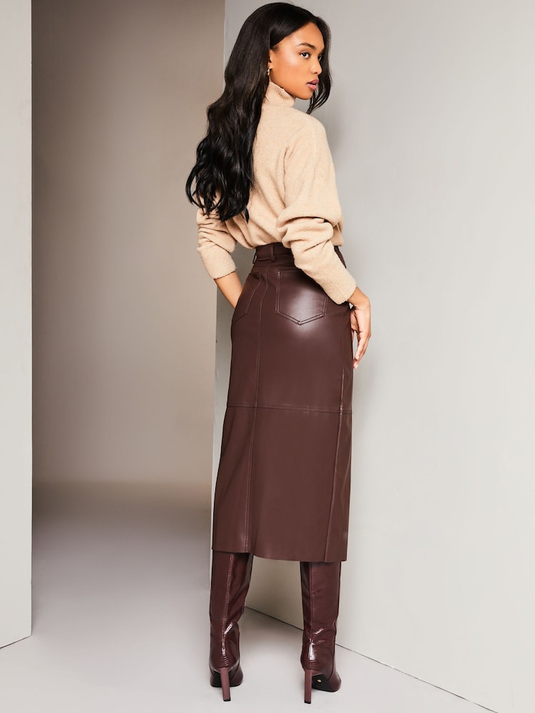 Lipsy Berry Red Faux Leather Split Hem Midi Skirt - Image 2 of 4