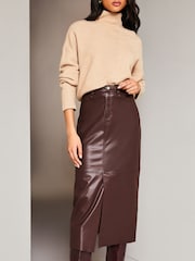 Lipsy Berry Red Faux Leather Split Hem Midi Skirt - Image 4 of 4