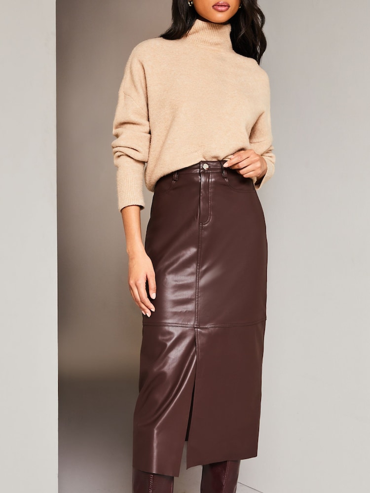 Lipsy Berry Red Faux Leather Split Hem Midi Skirt - Image 4 of 4