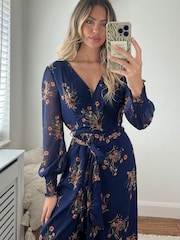 Style Cheat Navy Floral Carly Wide Leg Wrap Jumpsuit - Image 4 of 4