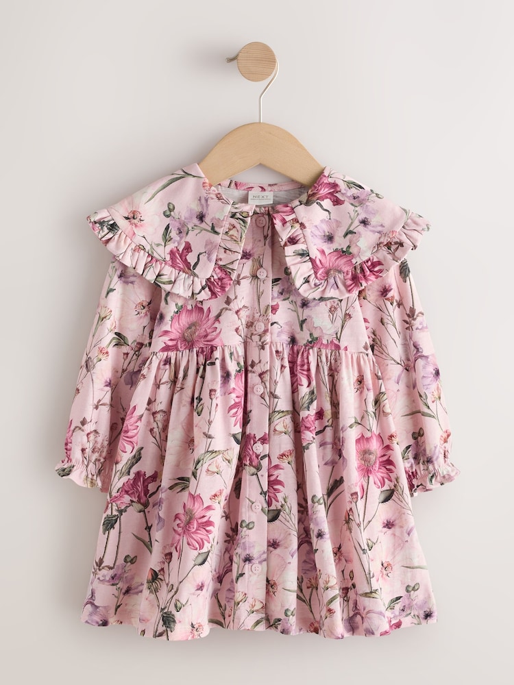 Pale Pink Floral Long Sleeve Collar Dress (3mths-7yrs) - Image 1 of 4