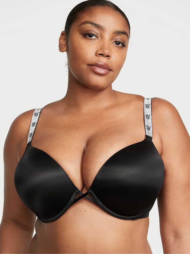 Victoria's Secret Black Monogram Bombshell Add 2 Cups Push Up Shine Strap Bra - Image 1 of 3