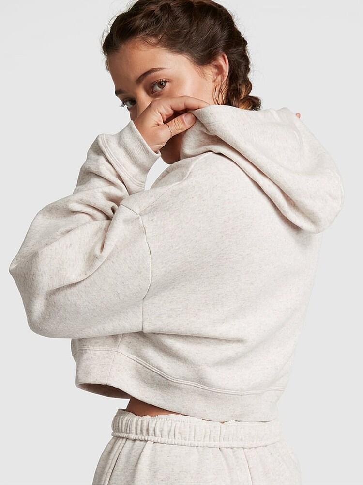 Victoria's Secret PINK Heather Oatmeal Beige Fleece Cropped Hoodie - Image 2 of 4