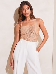 Lipsy Rose Gold Sequin Ruched Corset Cami Top - Image 1 of 5