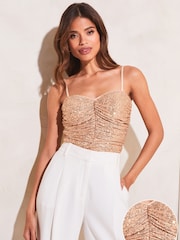 Lipsy Rose Gold Sequin Ruched Corset Cami Top - Image 2 of 5